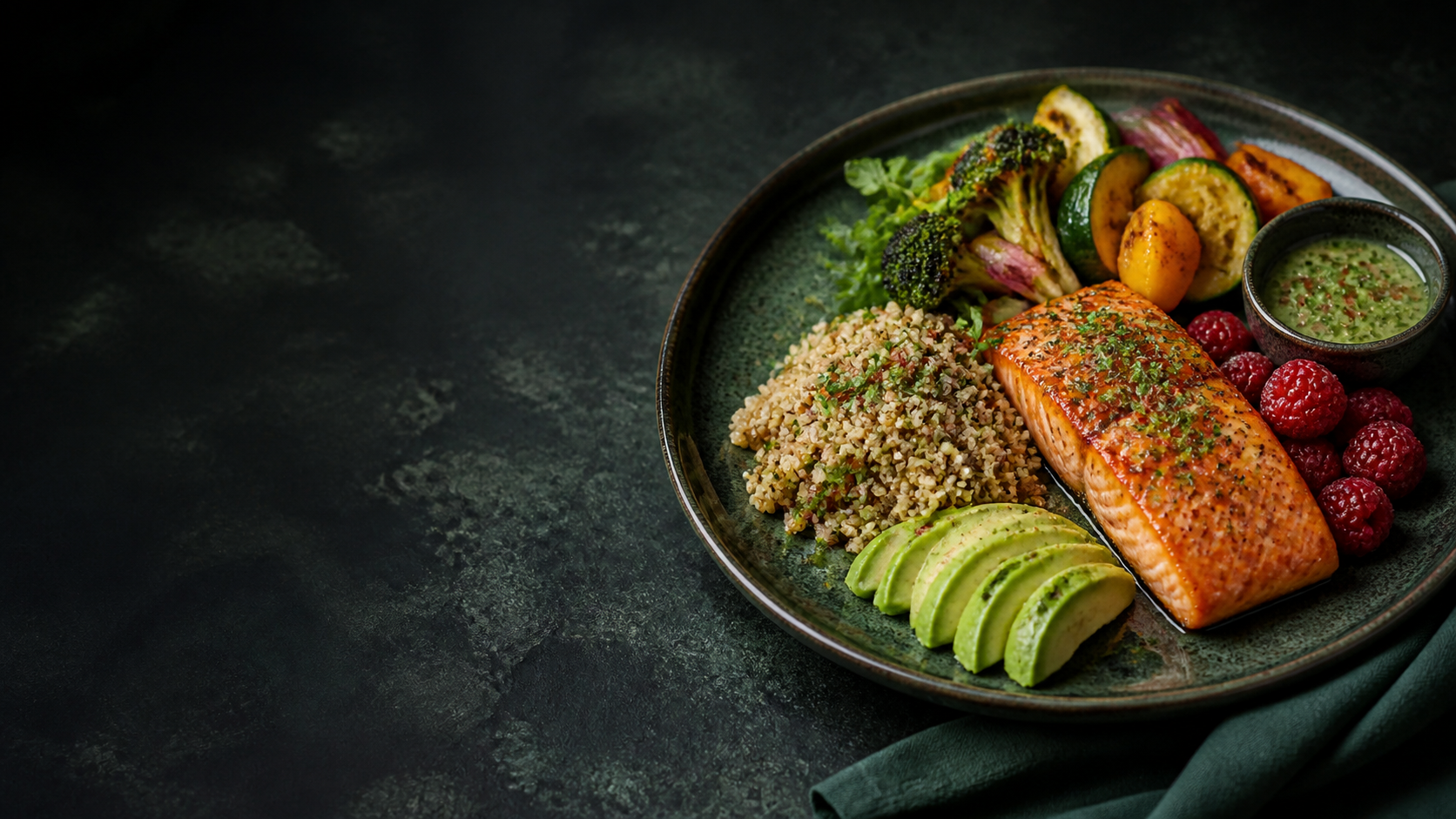 Glazed salmon with roasted vegetables, avocado, grains, and berries